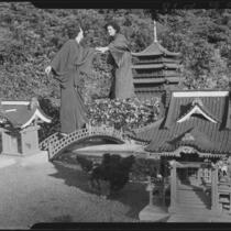 Women and miniature Pagoda of Nara, Shinto temple, and bridge, Bernheimer Gardens, Pacific Palisades, 1927-1940