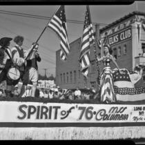 Float titled "Spirit of '76," sponsored by Long Beach Elks, passing Elks building, Elks' parade, Santa Monica, 1939 or 1952