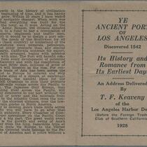 Photograph of front and back of pamphlet, Ye Ancient Port of Los Angeles, an address delivered by T.F. Keaveny, Los Angeles, 1928