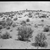 Unidentified desert area with two men on top of hill, California