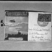 Photograph of one of United Kingdom's first air mail postcards in 1911 addressed to Los Angeles resident