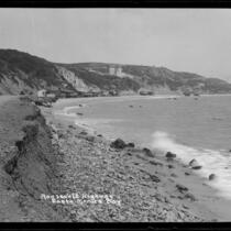 Coastal view of towards the Villa de Leon and castle rock in the distance, Topanga and Pacific Palsades, circa 1927