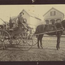 Man with horse and carriage in front of houses.