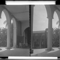 Unidentified building with courtyard, arcade and loggias, California, circa 1915-1934