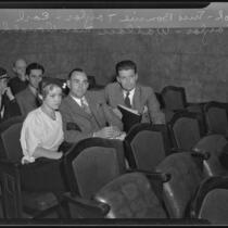 Mrs. Bonnie Taylor, Earl W. Taylor, and Wallace MacDonald during Mr. Taylor's trial for petty theft, Los Angeles, 1935