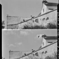 Two pictures of birds flying to a nest on a rooftop in La Penucla Granja, Spain, 1929