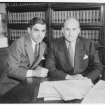 Eddie Cantor and Samuel Goldwyn, defendants in a copyright lawsuit, Los Angeles, April 29, 1936