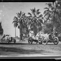 Santa Monica Road Races, two cars in motion, Santa Monica, 1911-1914, rephotographed 1950