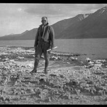 Man standing on shore of Mono Lake, Mono County, [1929?]