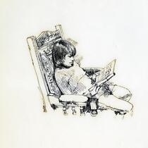 Line drawing of child in chair reading book by Trevor Stubley [copy], for 