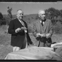 Real estate developer John H. Blair and hydrolic engineer William Mulholland at outdoor luncheon, Los Angeles, 1924