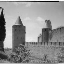 Exterior view of the ramparts around the fortified town of Carcassonne, France, 1929