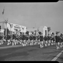 Marching band in Elks' parade, Santa Monica, 1939 or 1952