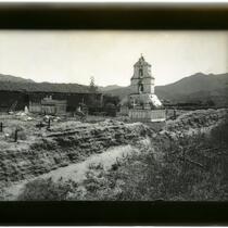 San Antonio de Pala Asistencia, view towards cemetery, bell cote and chapel, Pala, circa 1900