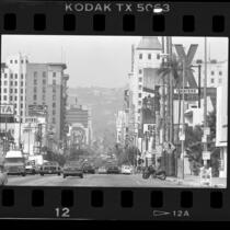 Buildings and traffic on Hollywood Blvd. near Bronson Street in Hollywood, Calif., 1986