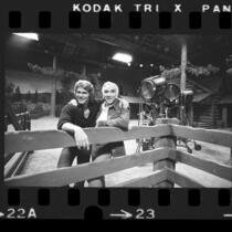 Actors Lorne Greene and Michael Landon on the set of the television series 