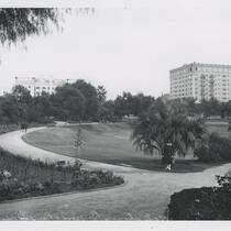 View of Bryson and Rampart Apartments from Lafayette Park, Los Angeles