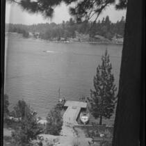 Dock, boats, and lake, Lake Arrowhead, 1929