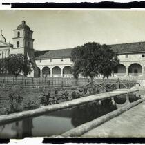 Mission Santa Barbara, exterior view showing the lavadero (Indian wash place), Santa Barbara, circa 1885