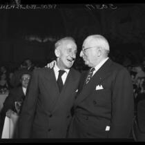 Actor Jimmy Durante and Louis B. Mayer during award dinner at Mt. Sinai Men's Club in Los Angeles, Calif., 1948