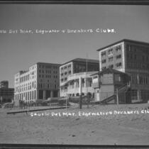 View towards three beach clubs: the Breakers, Edgewater and Casa Del Mar, Santa Monica, circa 1926-1927