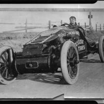 Santa Monica Road Races, Barney Oldfield in race car, Santa Monica, 1911-1914, rephotographed 1950