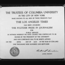 Pulitzer Prize certificate awarded to the Los Angeles Times for its series of articles exposing corruption in city government, 1969.