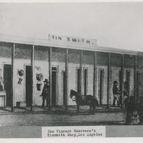 Drawing of customers outside Don Vincent Guerrero's Tin Smith Shop, Los Angeles