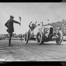 Santa Monica Road Races, car number 12 crossing finish line, Santa Monica, 1911-1914, rephotographed 1950