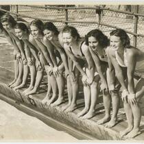 Young women posing at the Swimming Stadium, Los Angeles