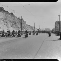 Police on motorcycles on the L.A.P.D. parade route, Los Angeles, 1937