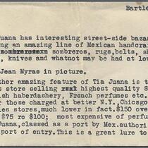 Typewritten caption describing photographs of shops and souvenir stands, Tijuana, 1931
