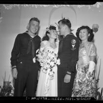 Wedding portrait of Bo Ching Park and Navy SeaBee William Tong with attendants Charles Wilson and Bo Ling Mason, 1945