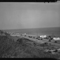 View down slope towards beach houses in the Rancho Malibu la Costa development, Malibu, circa 1927