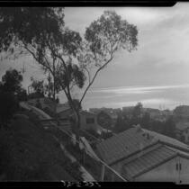 View from residential hillside in Santa Monica Canyon towards the Pacific ocean, 1928