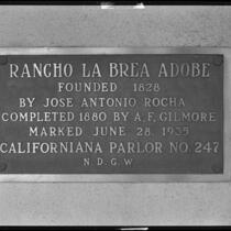 Placard sign for the Rancho La Brea Adobe, circa 1935