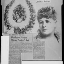 Article about poet Ina Donna Coolbrith with an 1880's portrait and an 1888 shell wreath, Santa Monica, 1953