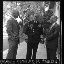 Britain's Lord Louis Mountbatten standing with two unidentified men in Los Angeles, Calif., 1965