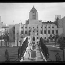 Walkway and front façade of Los Angeles Public (Central) Library's Central Library, circa 1935