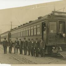 Pacific Electric employees lined up in front of Los Angeles Limited train, number 1224