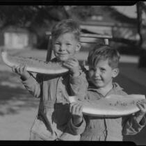 Boys eating watermelon, Los Angeles, circa 1935