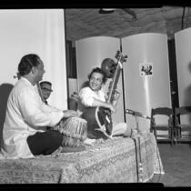 Musicians Ravi Shankar, Alla Rakha and N.C. Mullick rehearsing for concert in Los Angeles, Calif., 1965