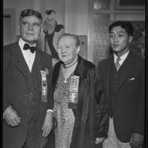 Joseph Mesmer, Mary Franklin and Kay Sugahara at the banquet at the Kawafuku Cafe for the 2nd annual Nisei festival, Los Angeles, 1935