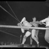 Referee getting between wrestlers Gus Sonnenberg and Baptiste Paul's battle at the Olympic, Los Angeles, 1937