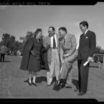 Jean Hersholt, Mary Pickford and Edward Arnold at ground breaking ceremony for the Motion Picture Relief Fund House of Woodland Hills, Calif., 1941