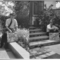 A. G. Mersy residence, two images of a seated next to the house with a paving stone, Pasadena, 1933