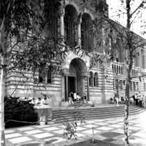 Library (Powell Library) with students at entrance, c.1960