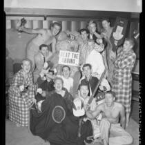USC Sigma Phi Epsilon fraternity members with kidnapped UCLA stuffed bear mascot "Joe Bruin" in Los Angeles, Calif., 1952