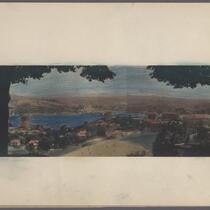 Hand-colored sample print with view towards the Boğaziçi Üniversitesi campus (formerly part of Robert College), Istanbul, 1925 or 1935
