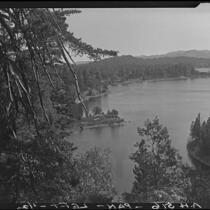 Panoramic view of Lake Arrowhead (left half) from Blue Jay Hill, 1929